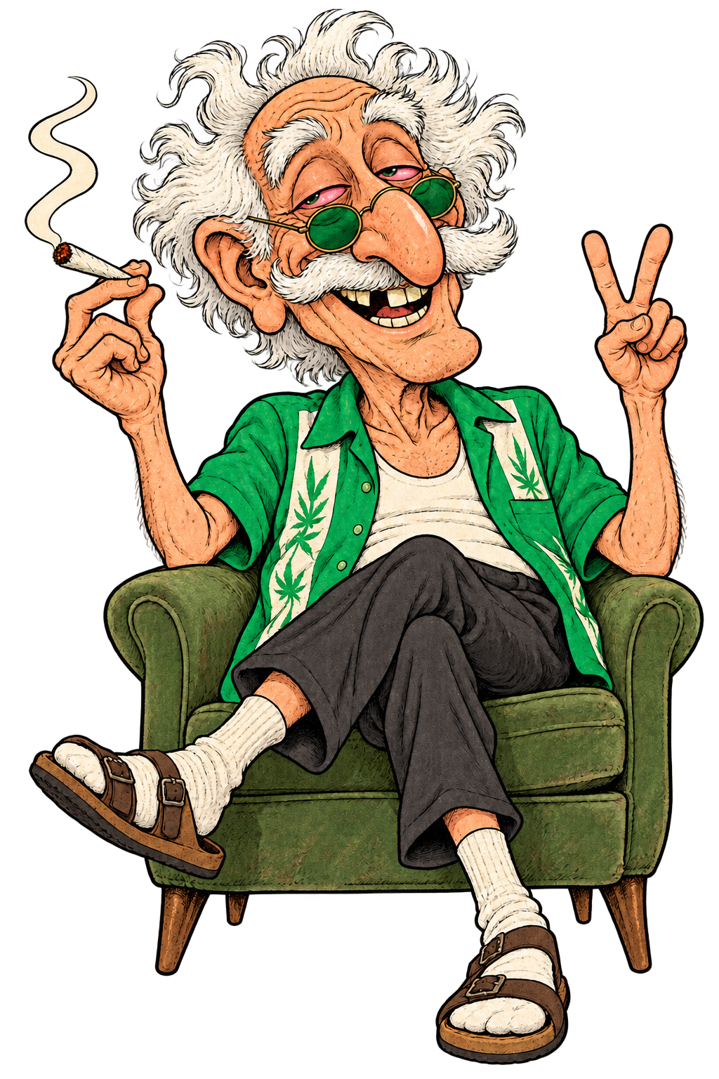 Caricatura di un nonno fattone sorridente, con capelli bianchi spettinati, occhialini verdi, una canna, comodamente seduto in poltrona.