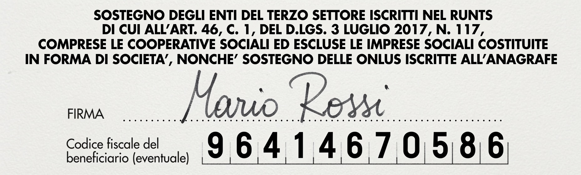 Il riquadro della dichiarazione dei redditi con la firma e il codice fiscale 96414670586